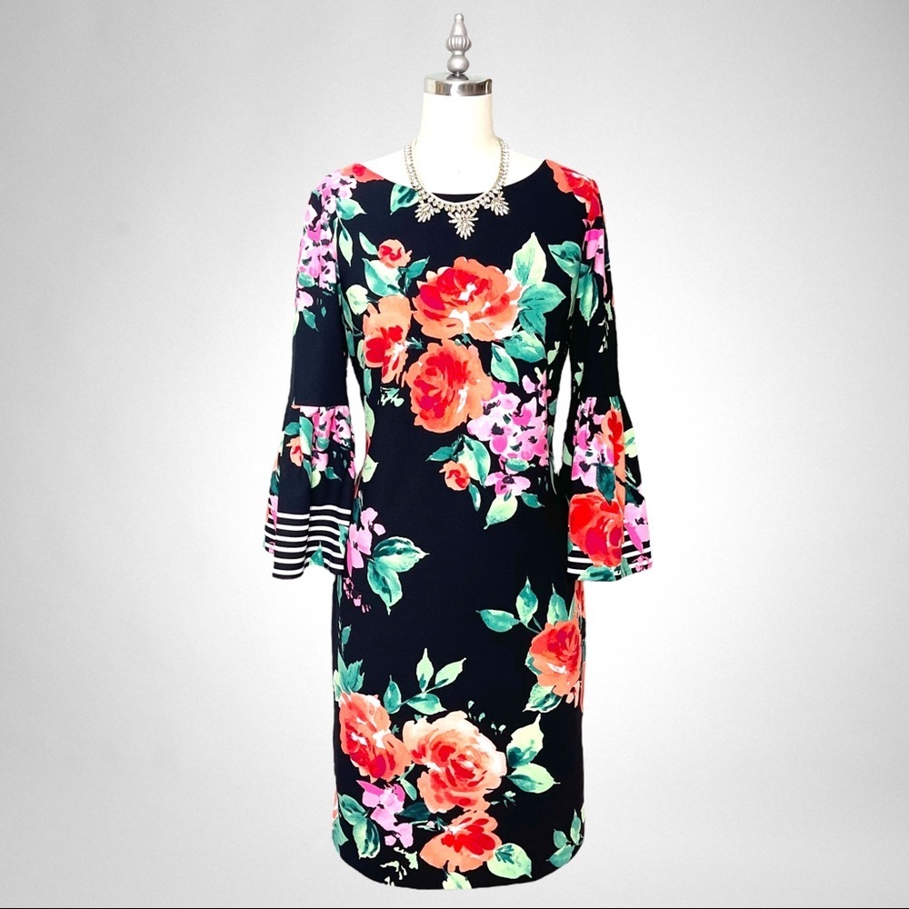 Jessica Howard Black Floral Bell Sleeve Sheath Dress 6 Small